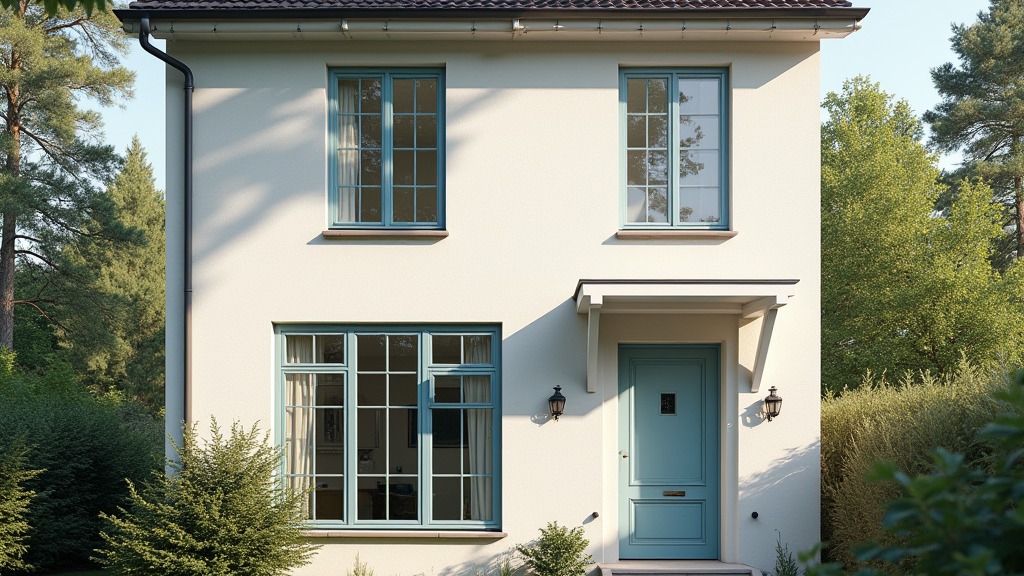 Hausfassade mit mehreren Fenstern und einer modernen Haustür