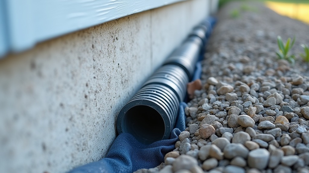 Drainagerohr im Kiesbett entlang eines Hausfundaments