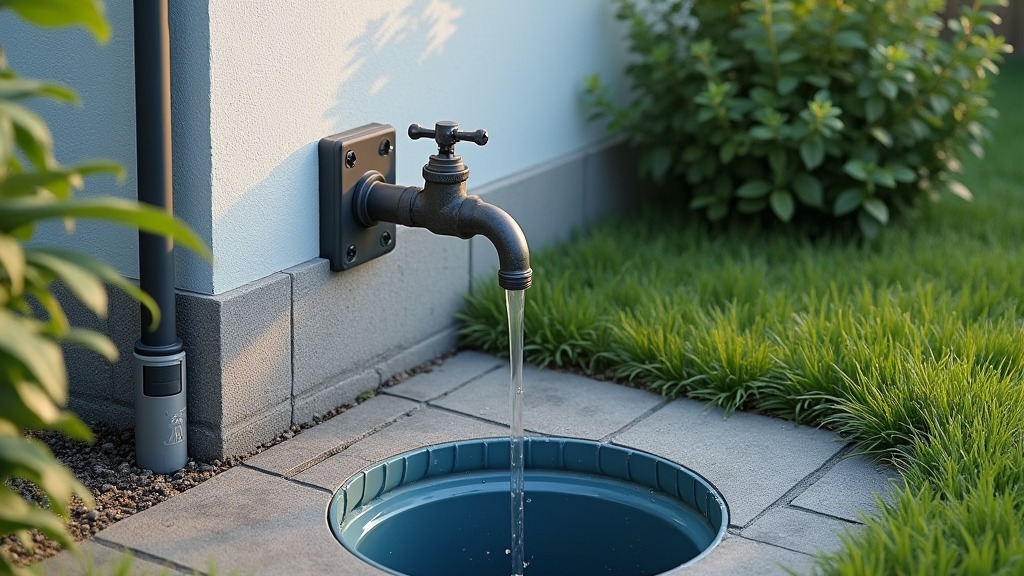 Zisternendeckel im Garten neben Fallrohr und Wasserhahn