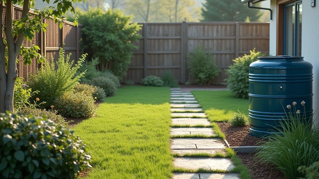 Gepflegter Hausgarten mit Rasen, Weg, Zaun und Regenwassertonne